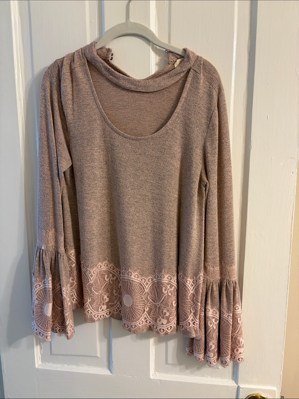 Taylor & Sage Dusty Rose Lace-Trim Bell Sleeve Top